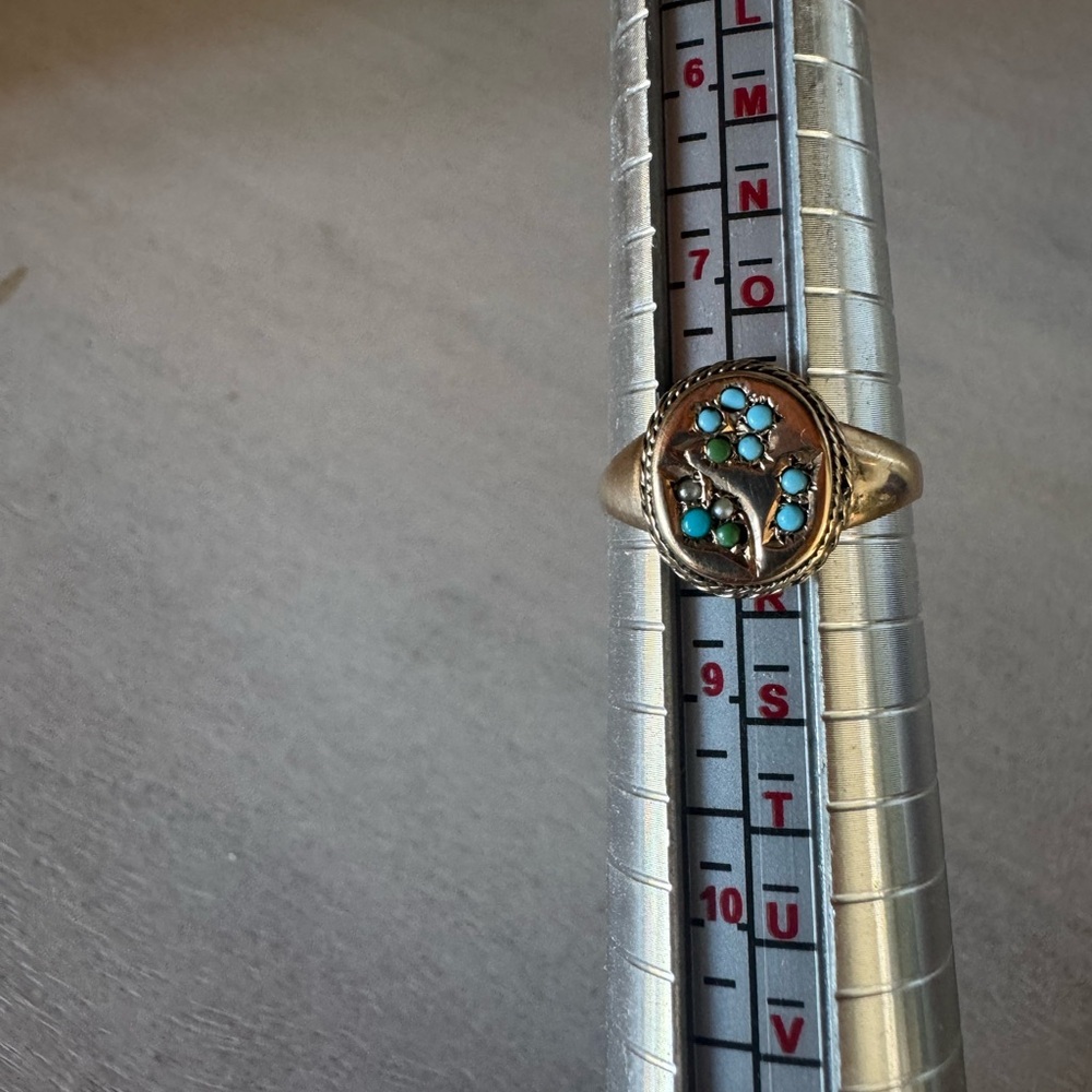 Antique 9k gold signet ring with seed pearls and turquoise flower - Picture 7 of 7